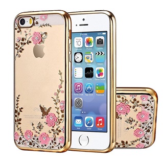 Transparant Hoesje met roze bloemetjes Apple iPhone 5/5S/SE - Back Cover - TPU - Gouden Rand